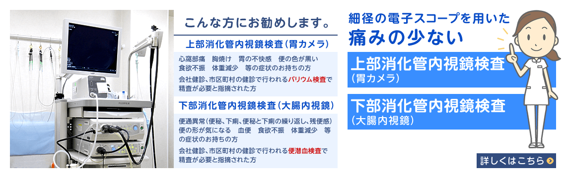 細径の電子スコープを用いた 痛みの少ない上部消化管内視鏡検査 (胃カメラ)、下部消化管内視鏡検査 (大腸内視鏡)